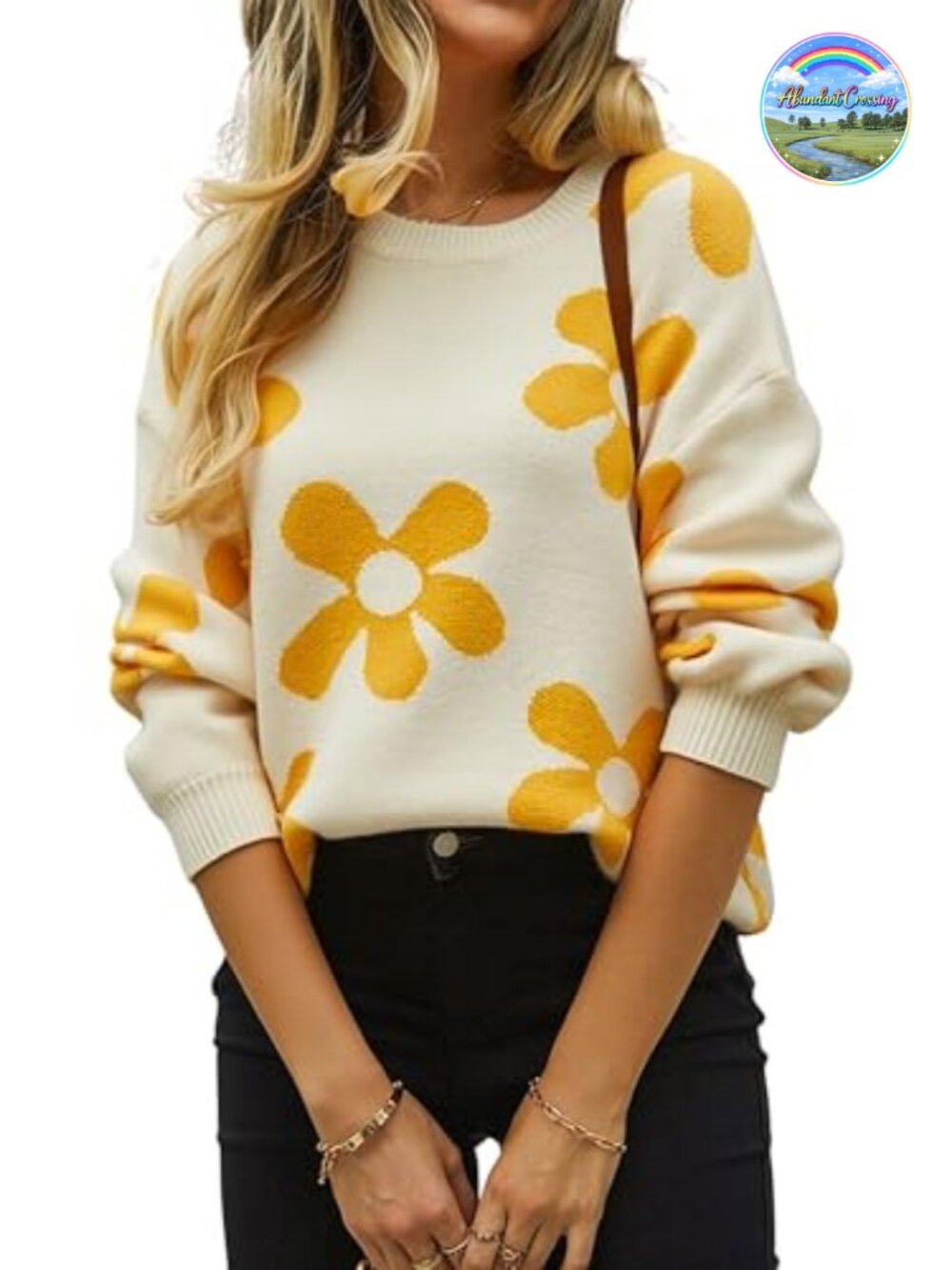 ECOWISH Women Crewneck Floral Print Cable Knit Long Sleeve Pullover Sweater